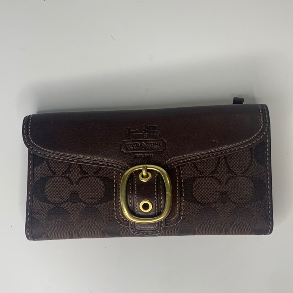 Coach Bleecker brown leather signature trifold wallet NWT